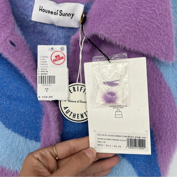 House of Sunny Good Vibrations Blue Purple Fuzzy Striped Artsy Bodysuit 6 NWT - Picture 5 of 9